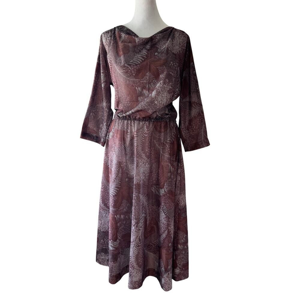 Vintage ‘80s Melissa Lane Sheer Burgundy Leaf Print 3/4 Sleeve Midi Dress